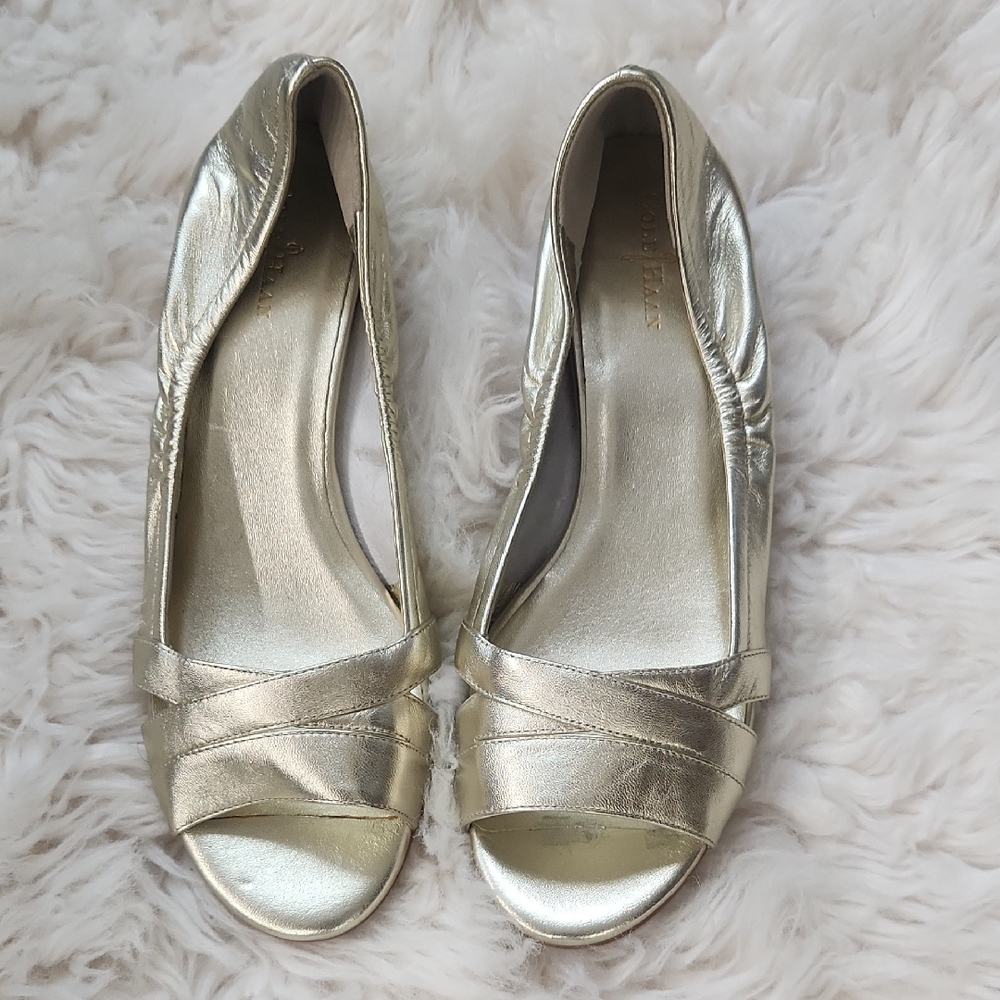 Cole Haan Metallic Gold Peep-Toe Flats